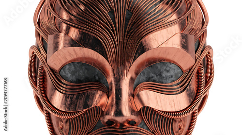 Ornate copper artisan mask, futuristic filigree design, front view, metallic texture, dramatic expression
