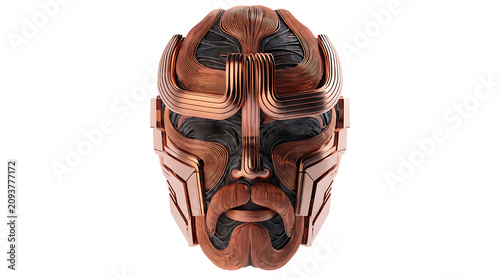 Ornate copper futuristic artisan mask, metallic sculpted face with layered wirework and carved details, dramatic stylized expression conveying