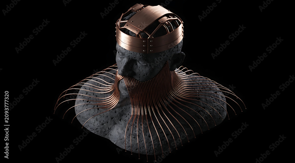 Obraz premium Bronze wire crown and collar on stone bust, futuristic high fashion accessory with dramatic lighting and sculptural elegance