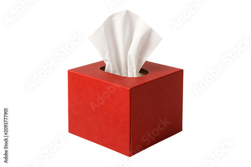 Red tissue box with tissues on transparent background