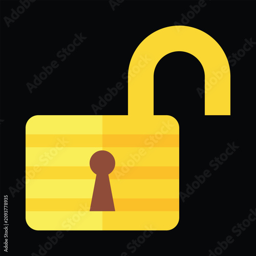 Open golden padlock flat vector icon symbolizing security access with security