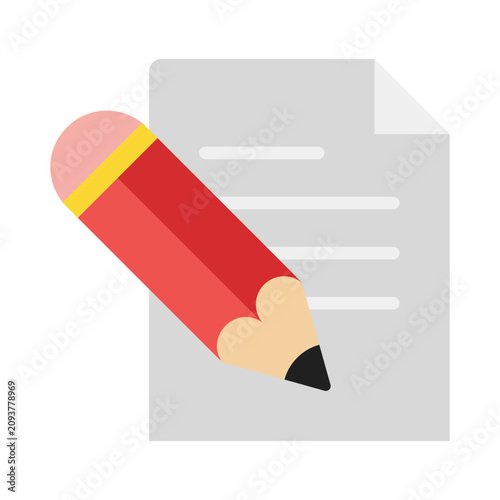 Red pencil writing on document paper flat vector graphic with document, business