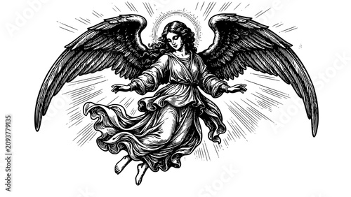 Billede på lærred Vintage hand drawn illustration of a flying angel with radiance and wings, relig
