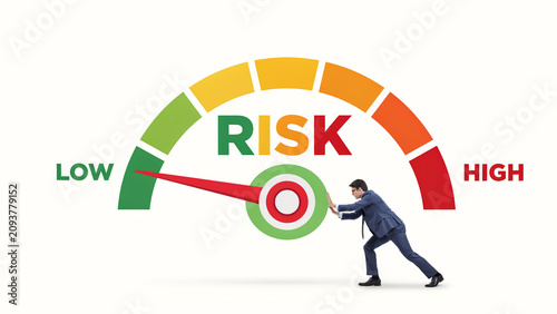 Businessman Reducing Financial Risk Level on Risk Meter Gauge, Risk Management and Business Strategy Concept