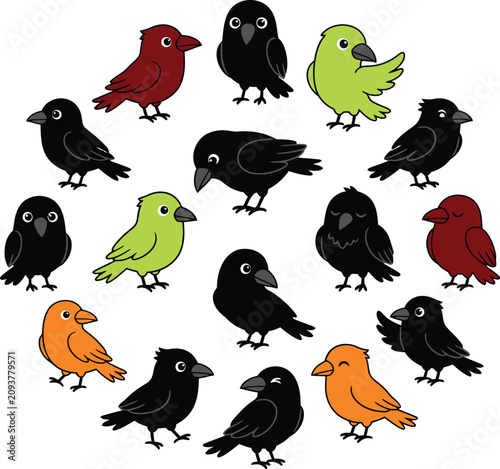 halloween crow , Colorful Bird Illustrations, Cartoon Birds, Black, Red, Green, Orange Birds, Bird Icons, Vector Birds
