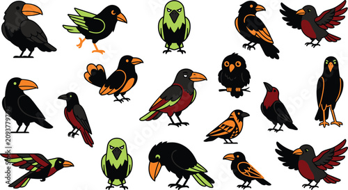 halloween crow , Colorful Bird Illustrations, Black Birds, Orange Beaks, Green Accents, Vector Bird Icons, Wildlife Graphics