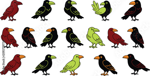 Birds, colorful vector birds, illustration set, animal icons,halloween crow 