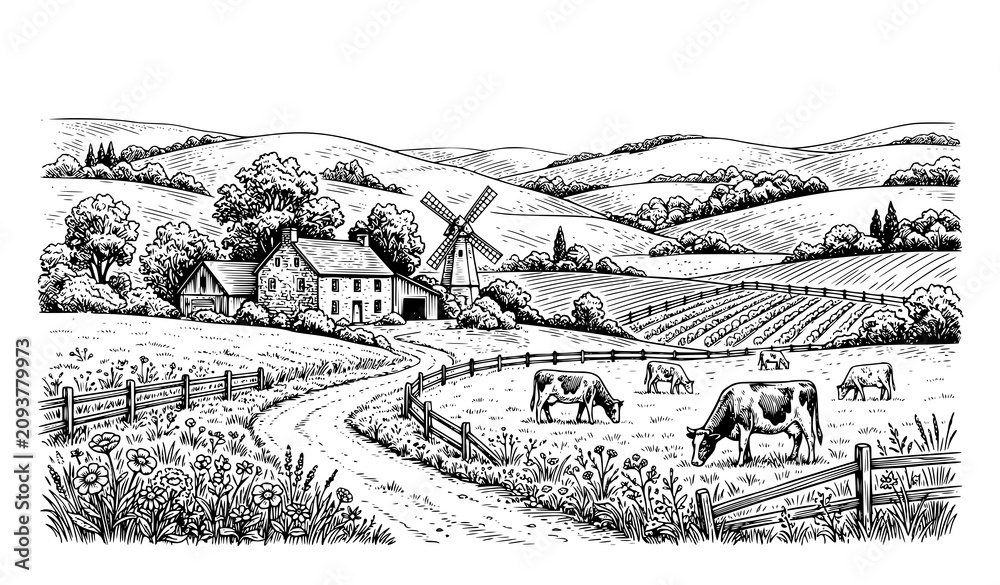 Fototapeta premium Rustic meadow village engraving landscape vector for organic dairy packaging