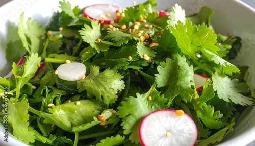A vibrant mix of leafy greens, thinly sliced radishes, and sesame seeds in a white bowl