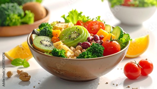 A vibrant mix of fruits and vegetables in a bowl on a table