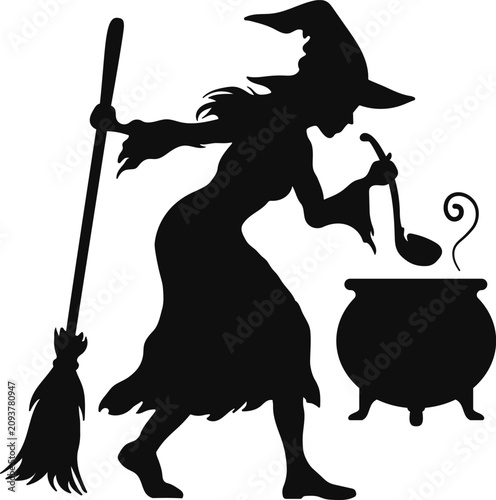 Witch with cauldron vector silhouette isolated on white background. Halloween spooky female wizard cooking magic potion black graphic layout element.