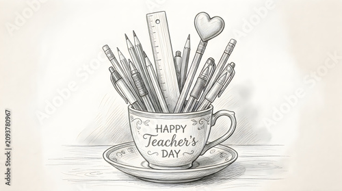 Happy teacher's day pencil holder with ruler pen and heart pencil topper.