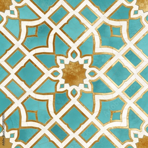 Turquoise and gold Islamic geometric pattern background with watercolor texture tiles