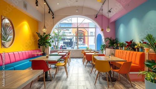 A vibrant, modern restaurant interior with colorful walls and furniture