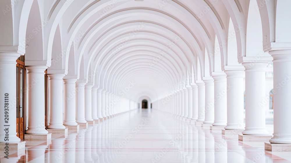 Obraz premium Expansive White Archway Corridor with Repeating Columns and Reflective Floor