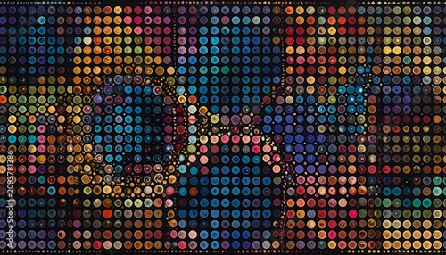 A vibrant mosaic artwork composed of small, multicolored circles arranged to form a larger image