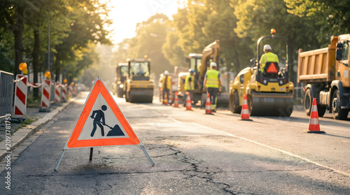 Road construction warning sign placed on asphalt road surface