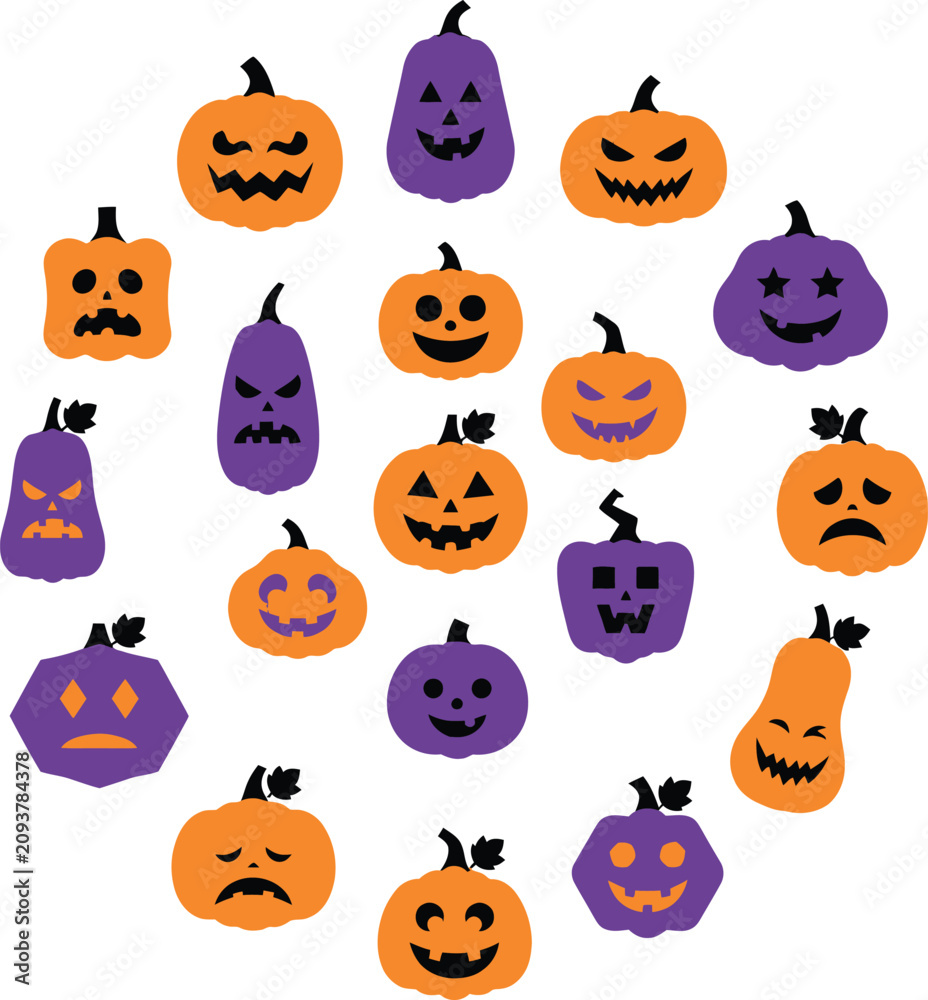 Obraz premium Set of cute orange and purple halloween pumpkin icons with funny and scary faces for design isolated on transparent background, Vector