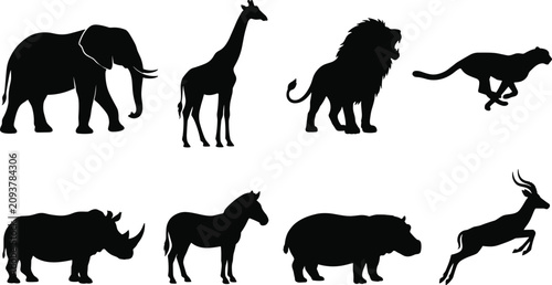 Bild auf Leinwand Collection of African safari animal black silhouettes including elephant giraffe