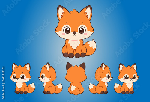 Cute cartoon fox character set with multiple views. Adorable kawaii-style red fox with big expressive eyes, fluffy tail and detailed fur.

