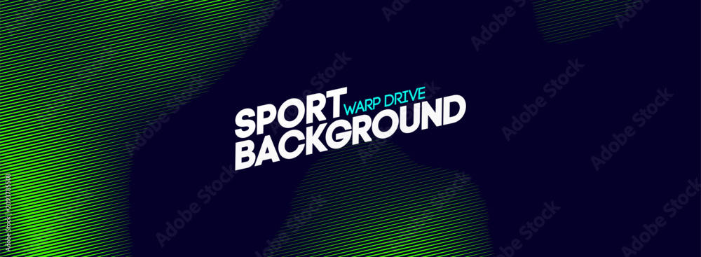 Obraz premium Sport background with warp speed stripes dynamic green diagonal lines. Dark blue athletic jersey style digital pattern for racing. Team t-shirt design modern halftone motion texture.