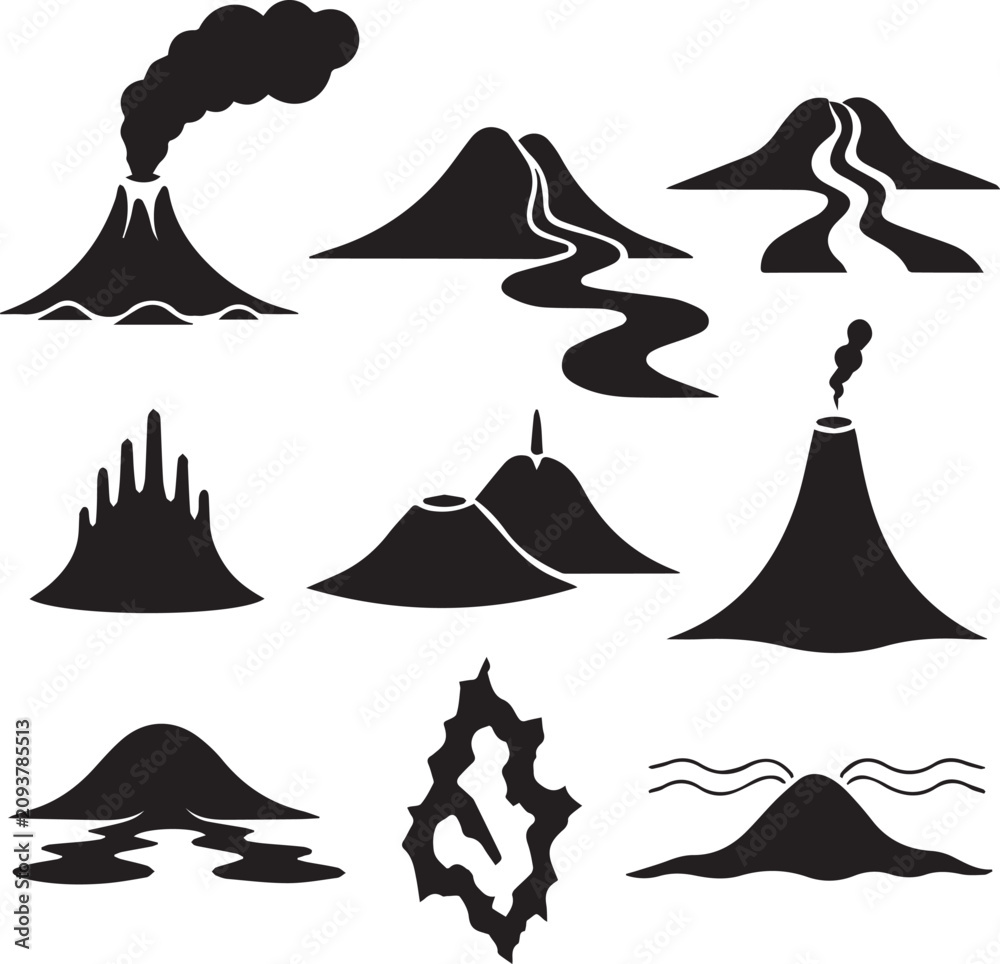 Fototapeta premium Collection of volcano silhouettes. Various volcanic eruption icons. Geology and geography symbols.