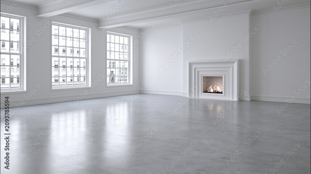 Fototapeta premium Elegant modern empty loft apartment interior with large windows and a fireplace