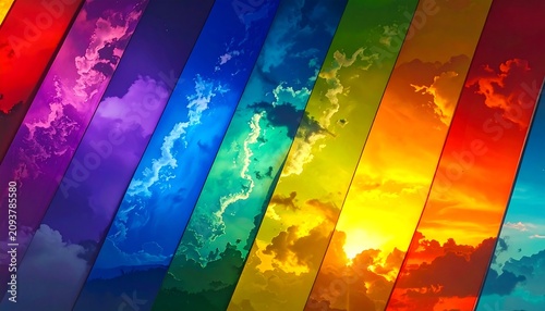 A vibrant, multicolored depiction of a cloudy sky at sunrise