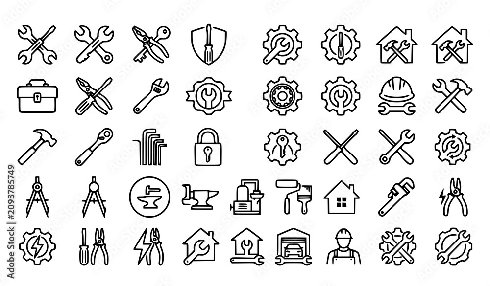 Fototapeta premium Maintenance Service and Technical Repair Icon Set with Outlined Line Symbols for Mechanics, Construction Apps, Hardware Stores, and Graphic Designs