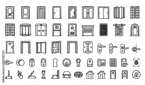 Interior Doors and Home Security Hardware Icon Set with Outlined Line Symbols for Architecture, Locksmith Services, Construction Apps, and Graphic Designs