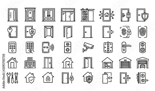 Smart Home Security and Door Access Icon Set with Outlined Line Symbols for Architecture, Safety Apps, Locksmith Services, and Vector Graphic Designs