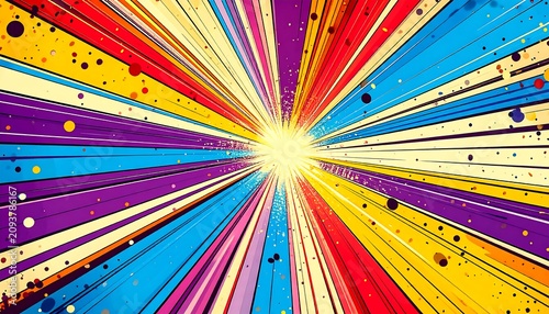 A vibrant, multicolored explosion of rays and splatters on a white background