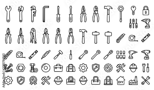 Tableau sur toile Work Tools and Home Repair Equipment Icon Set with Outlined Line Symbols for Car