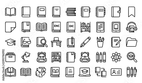 Bild auf Leinwand Education and Book Line Icon Set with School Library Symbols, E-Learning Noteboo
