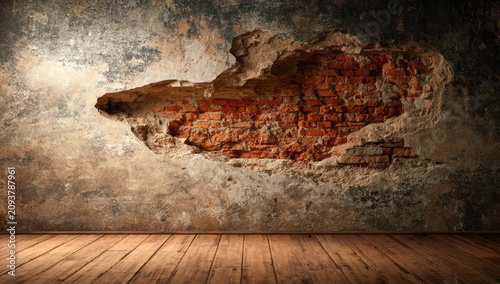 Textured wall with a gaping hole revealing weathered brick