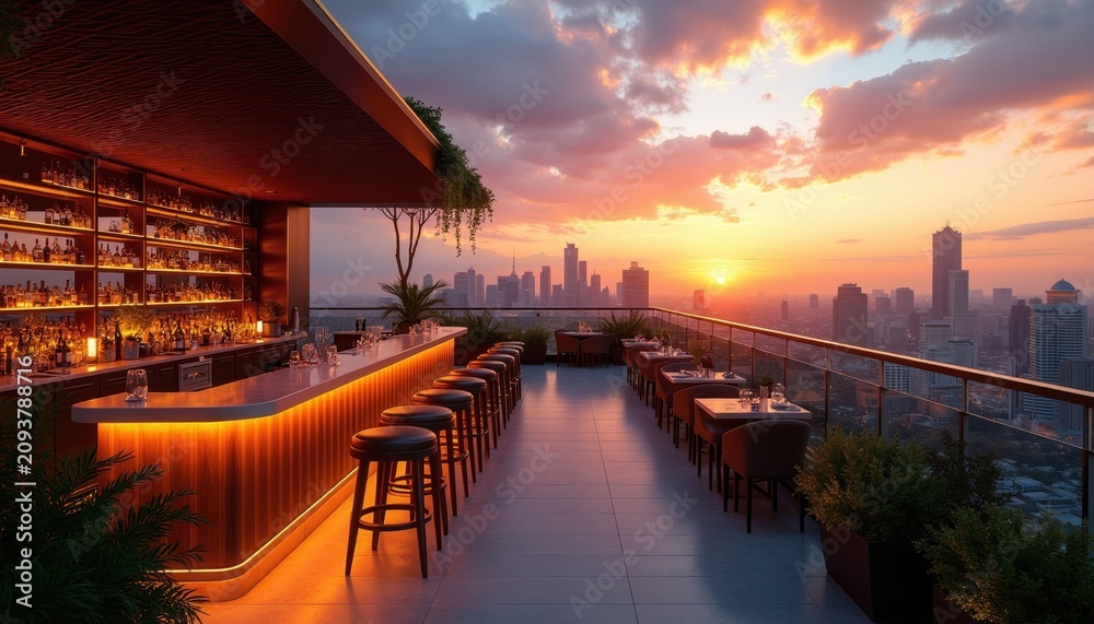 Obraz premium Modern rooftop terrace bar features stylish lounge area with elegant furniture during golden sunset. Panoramic city skyline view glows behind bright cocktail bar counter. Outdoor deck provides