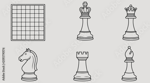 Photos Chess pieces king queen knight rook bishop and board grid black and white vector