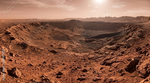 Panoramic View of a Red Martian Crater Under a Hazy Sun