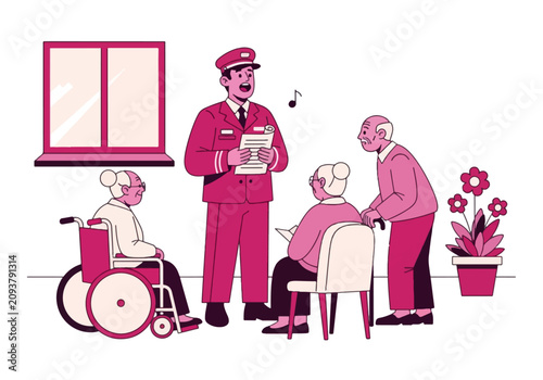 Volunteer singing for senior citizens in a nursing home