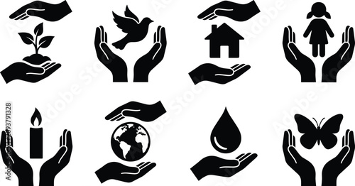 Care and Protection Icons Collection Featuring Environment Home Family Peace and Charity Silhouette Symbols