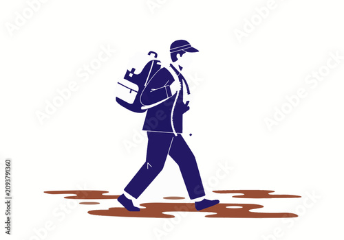 Man with backpack walking on humanitarian journey