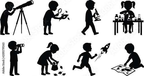 Children Science and Exploration Activities Silhouette Collection with Telescope Microscope Laboratory and Nature Discovery Vector Set