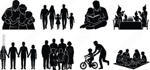 Family Life Silhouette Collection with Parenting Activities and Multigenerational People Vector Illustration Set