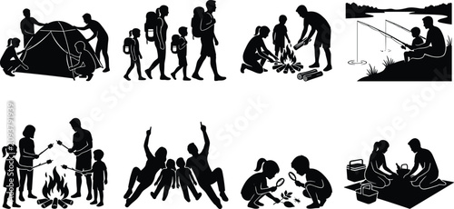 Family Camping Activities Silhouette Collection with Outdoor Adventure and Nature Recreation Vector Illustration Set