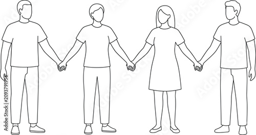 Family Holding Hands Outline Illustration with Parents and Children Line Art People Collection