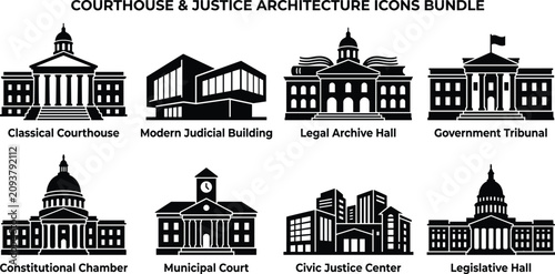 Courthouse and Justice Architecture Icons Bundle Featuring Government Buildings and Judicial Institution Vector Silhouettes