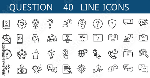 Foto Frequently asked questions line icons set with faq speech bubble, help center, query search, customer support & more vector illustration with editable stroke