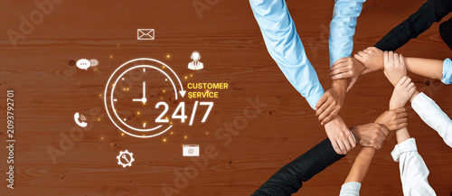 Concept of 24-hour customer service. Providing constant, non-stop support and assistance through multiple channels like phone, email, and chat for customer satisfaction. Fermion