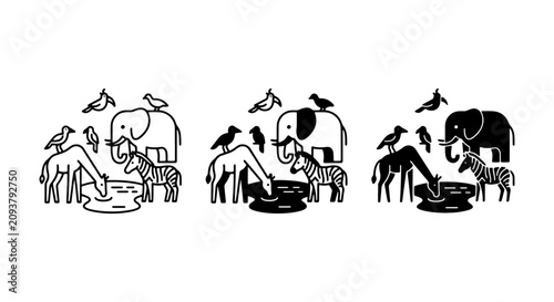 Canvas Print African Wildlife Icons Set: Elephants, Giraffes, Zebras, Birds Drinking Water, V