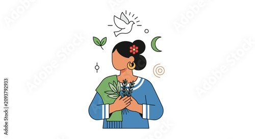 Woman with Flowers and Dove Silhouette, Symbolizing Peace, Nature, and Hope